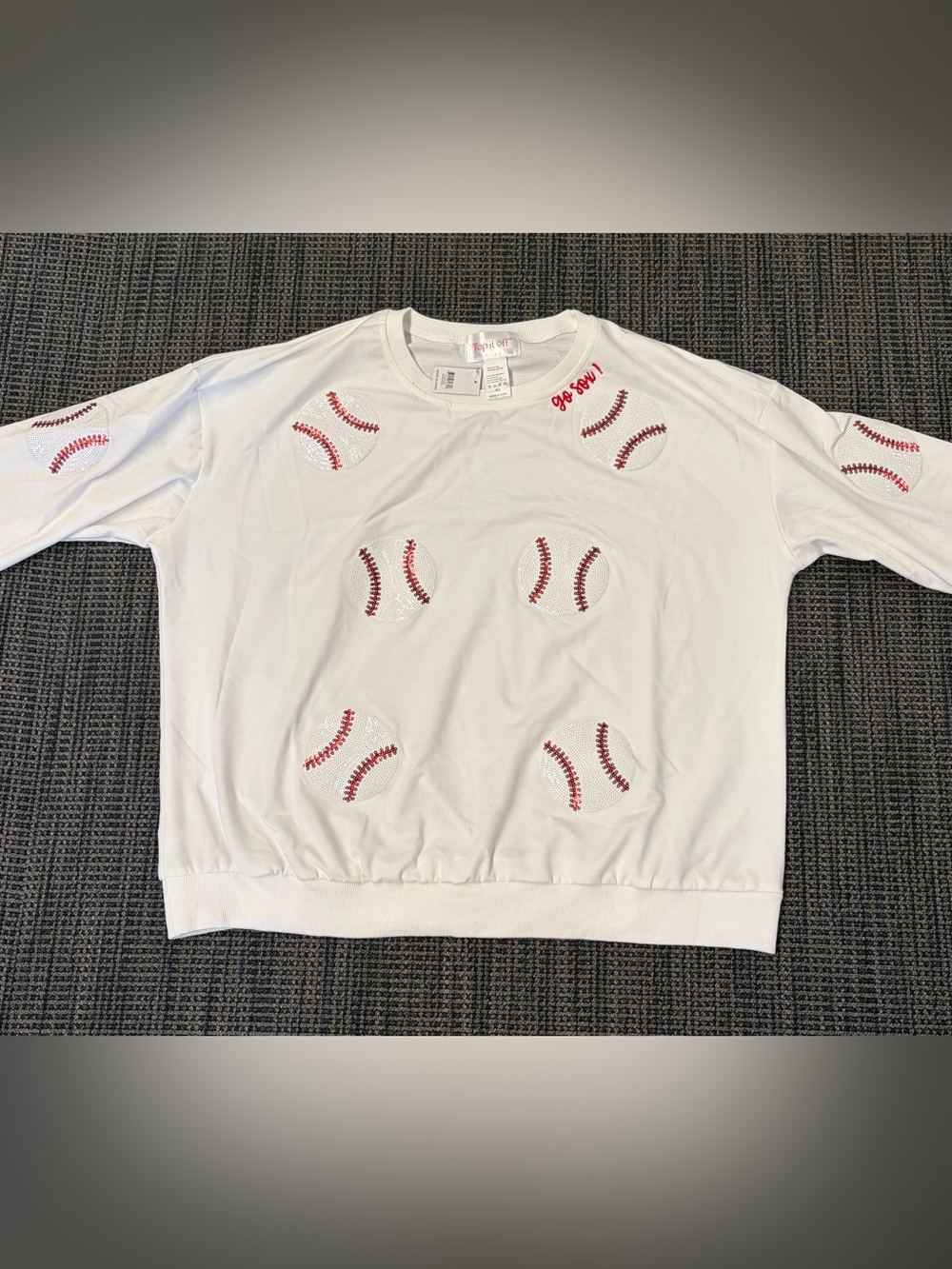 White Sequin Baseball Go Sox Lightweight French Terry Sweatshirt NWT
